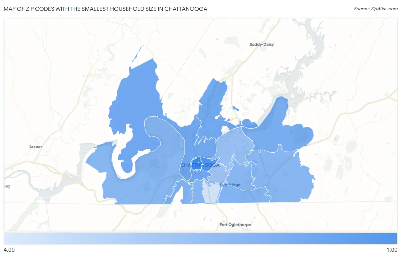 Zip Codes with the Smallest Household Size in Chattanooga Map