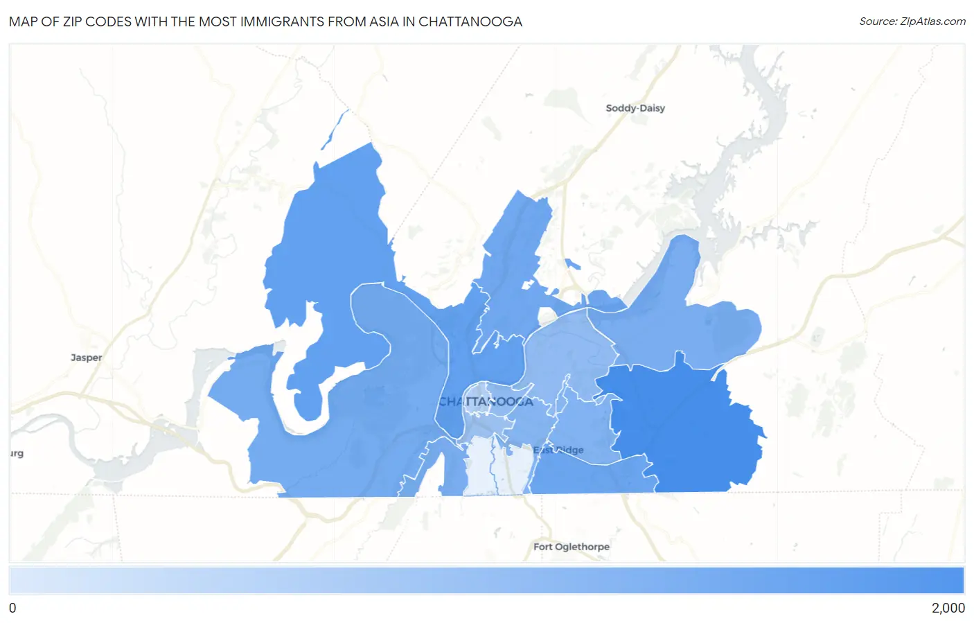 Zip Codes with the Most Immigrants from Asia in Chattanooga Map