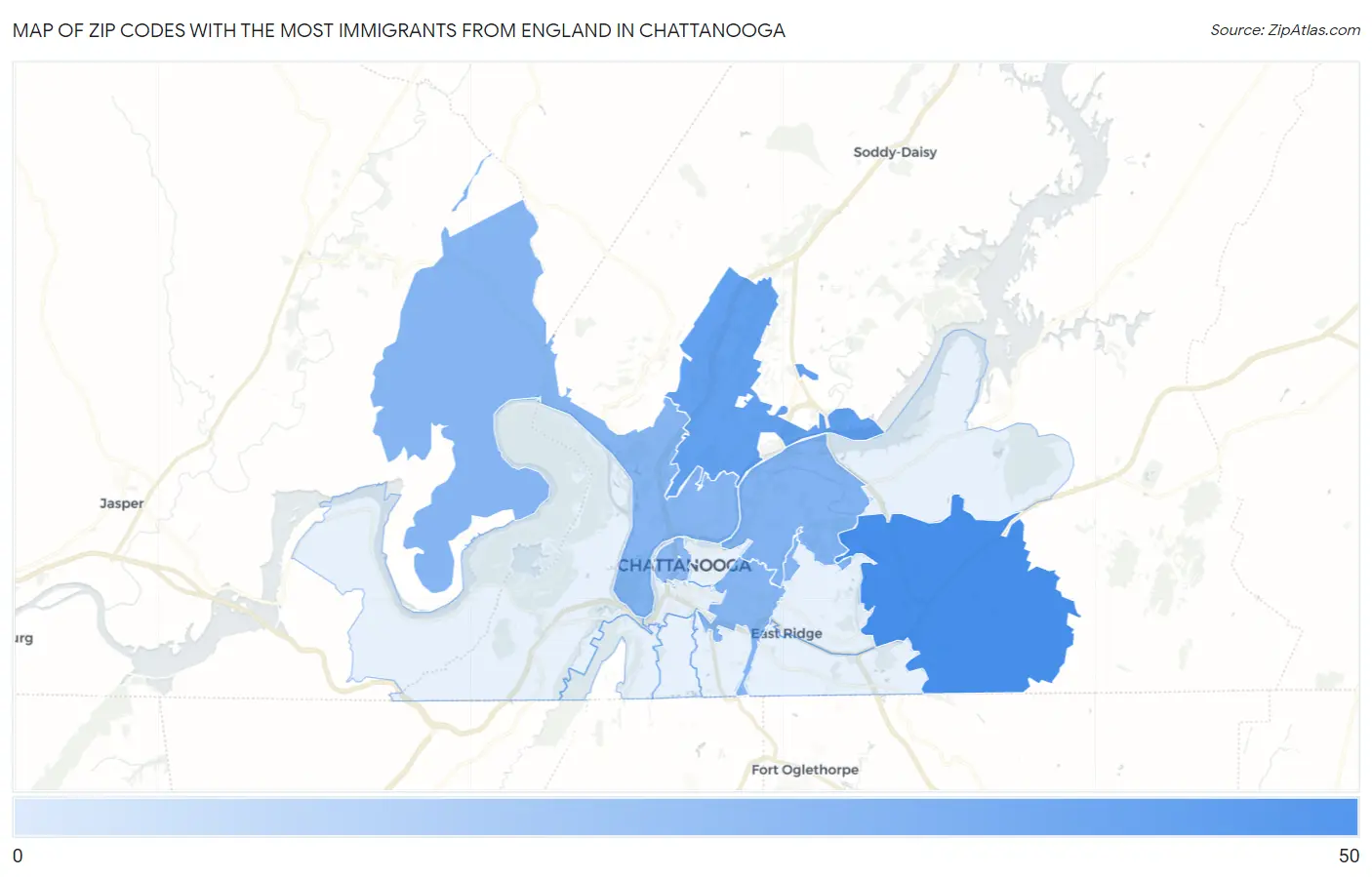 Zip Codes with the Most Immigrants from England in Chattanooga Map