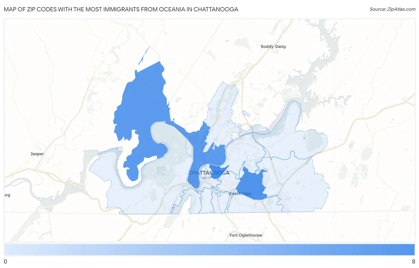 Zip Codes with the Most Immigrants from Oceania in Chattanooga Map