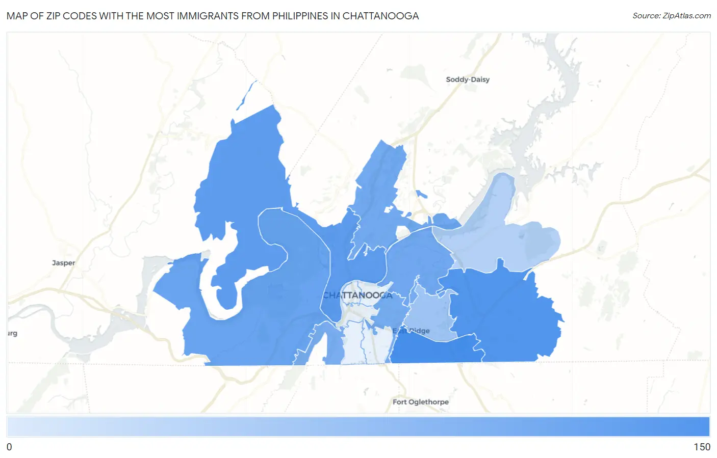 Zip Codes with the Most Immigrants from Philippines in Chattanooga Map