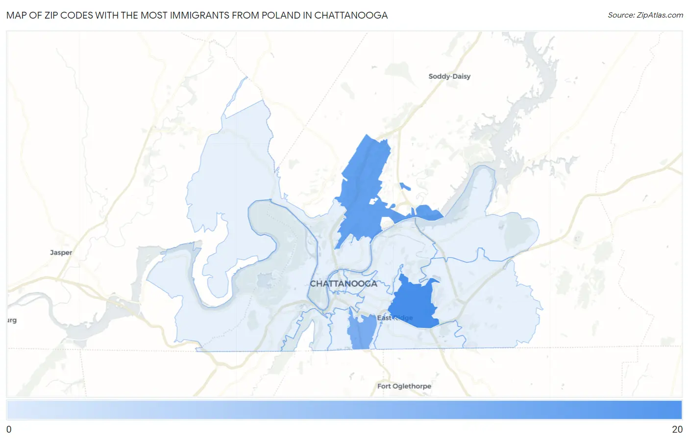 Zip Codes with the Most Immigrants from Poland in Chattanooga Map