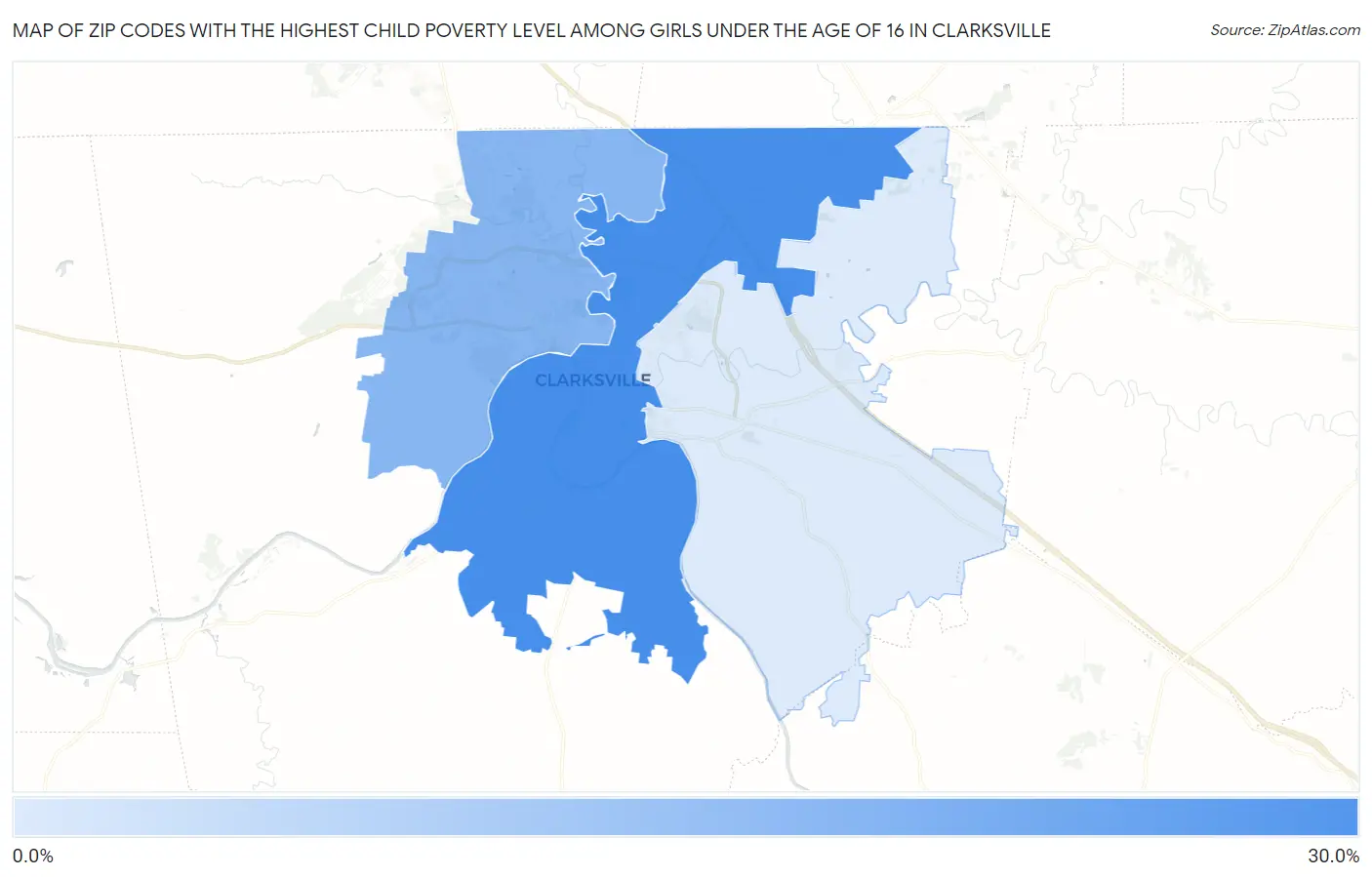 Zip Codes with the Highest Child Poverty Level Among Girls Under the Age of 16 in Clarksville Map