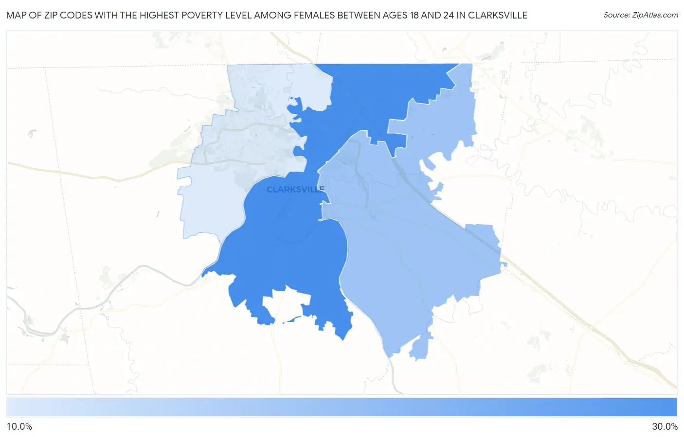 Zip Codes with the Highest Poverty Level Among Females Between Ages 18 and 24 in Clarksville Map