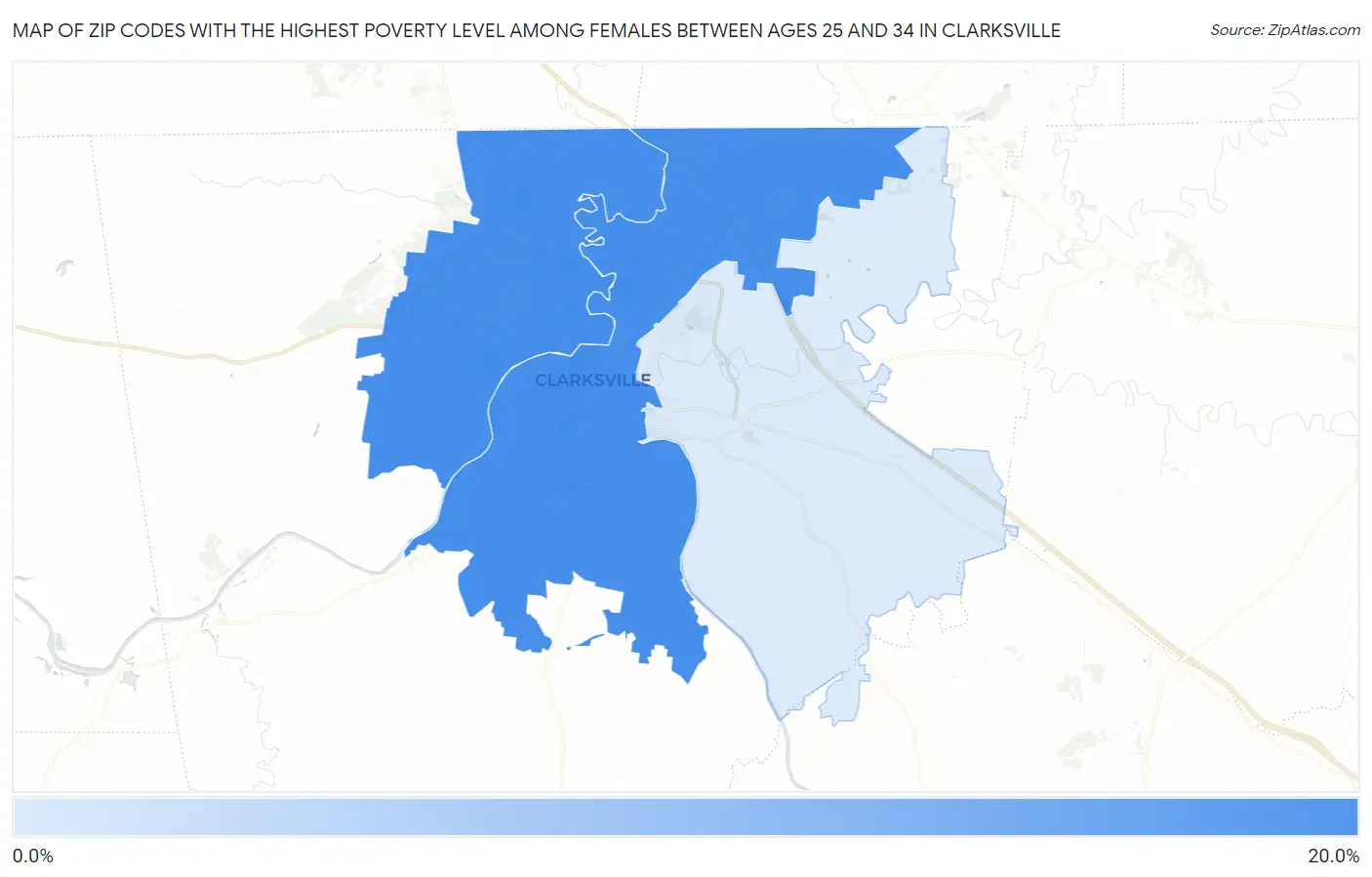 Zip Codes with the Highest Poverty Level Among Females Between Ages 25 and 34 in Clarksville Map