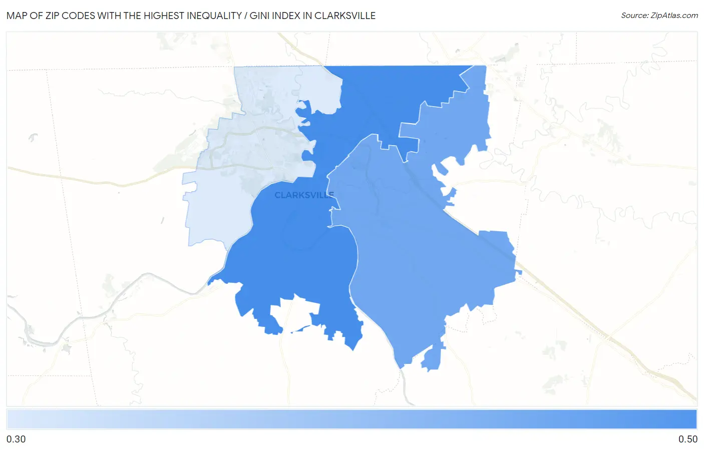 Zip Codes with the Highest Inequality / Gini Index in Clarksville Map