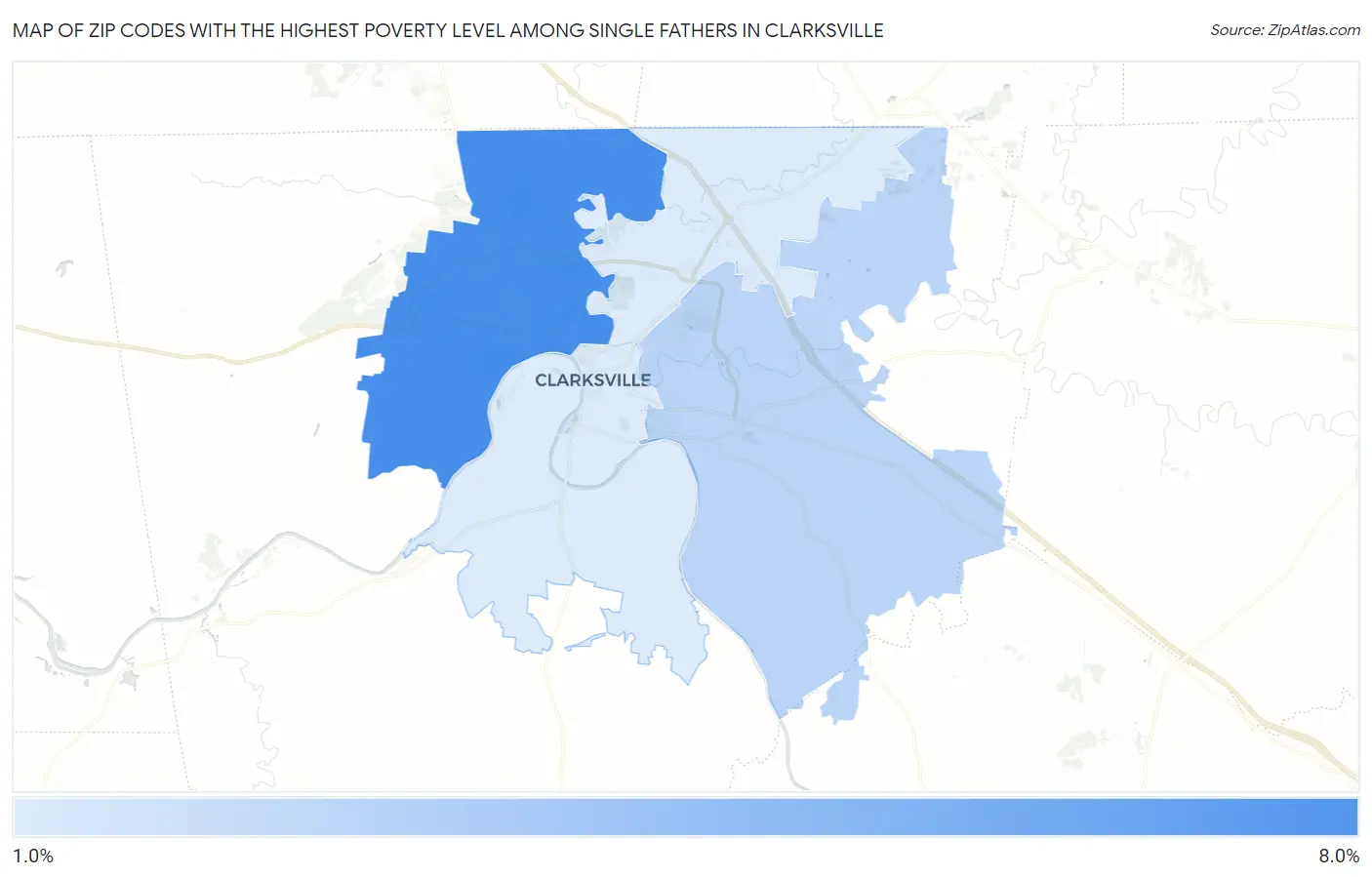 Zip Codes with the Highest Poverty Level Among Single Fathers in Clarksville Map