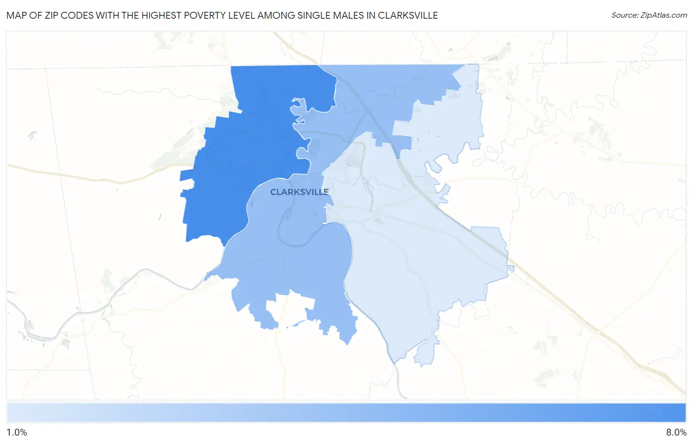 Zip Codes with the Highest Poverty Level Among Single Males in Clarksville Map