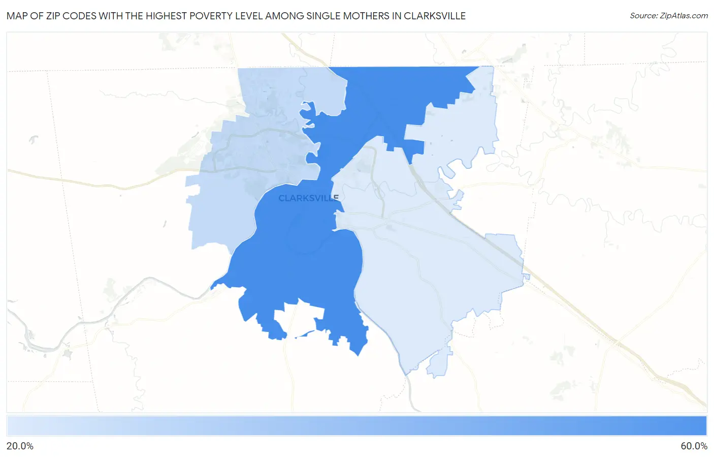 Zip Codes with the Highest Poverty Level Among Single Mothers in Clarksville Map