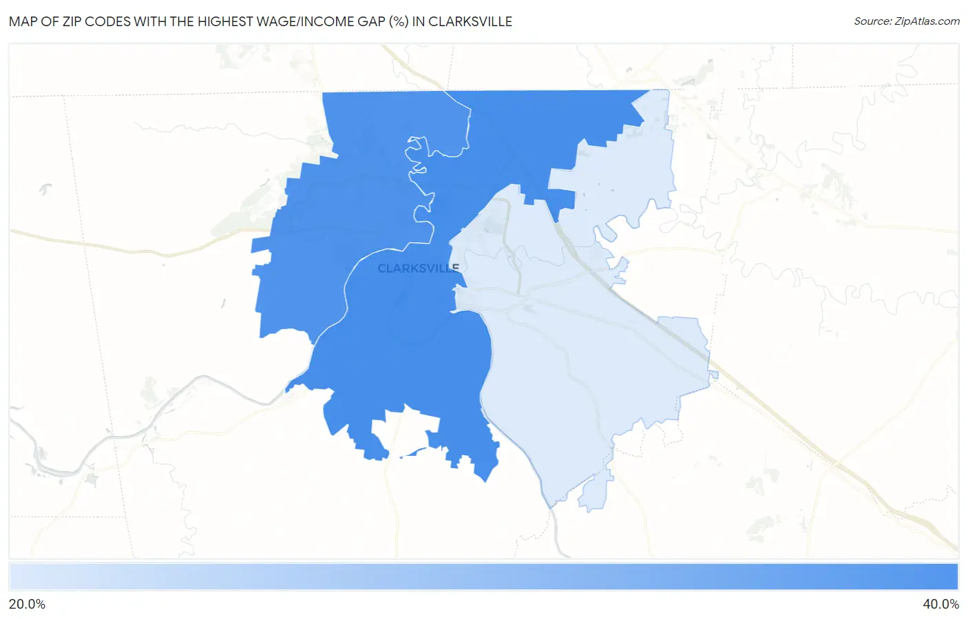 Zip Codes with the Highest Wage/Income Gap (%) in Clarksville Map