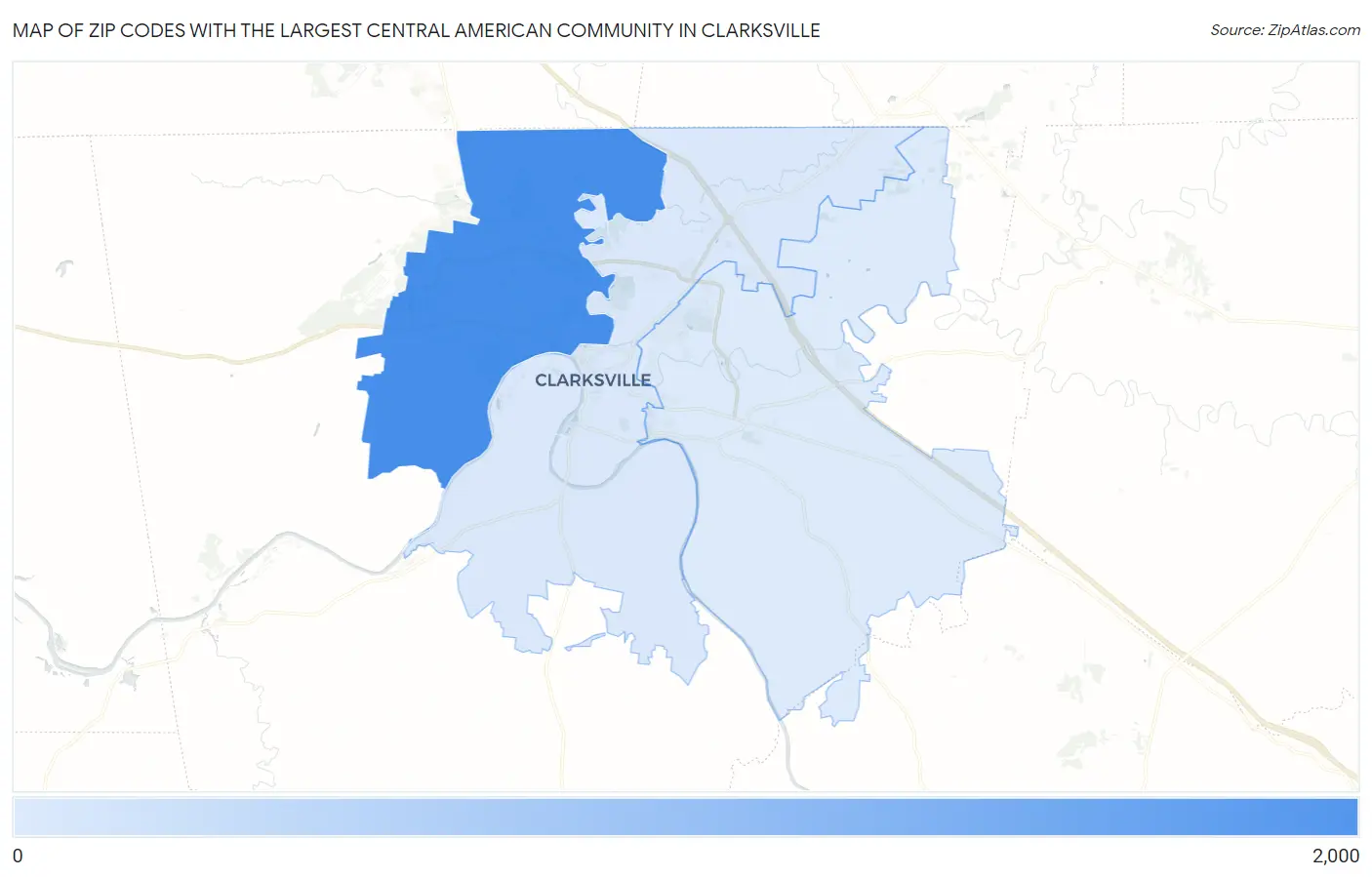 Zip Codes with the Largest Central American Community in Clarksville Map