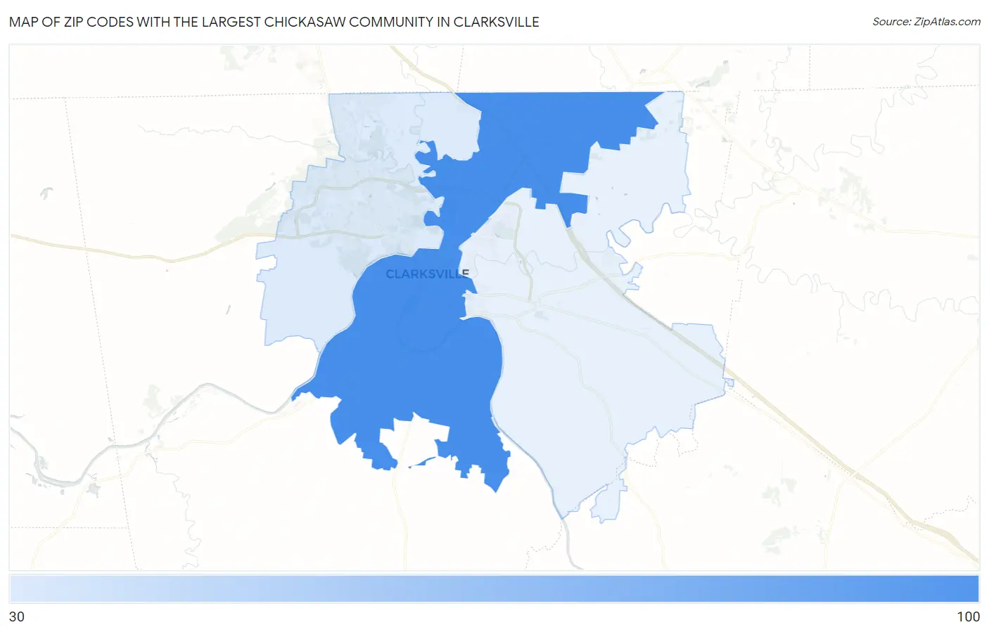 Zip Codes with the Largest Chickasaw Community in Clarksville Map