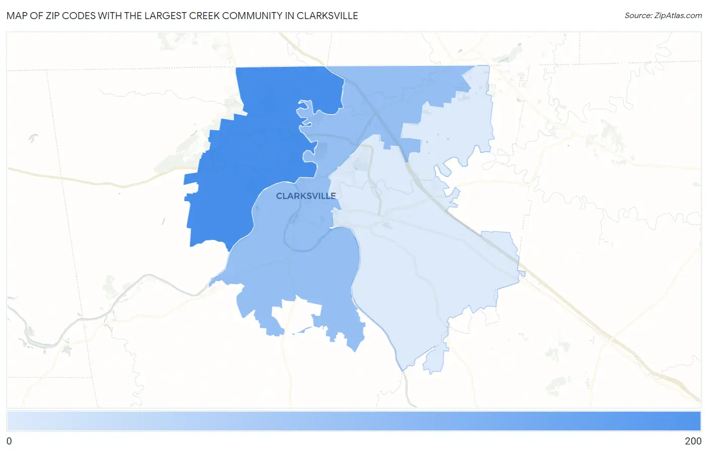 Zip Codes with the Largest Creek Community in Clarksville Map