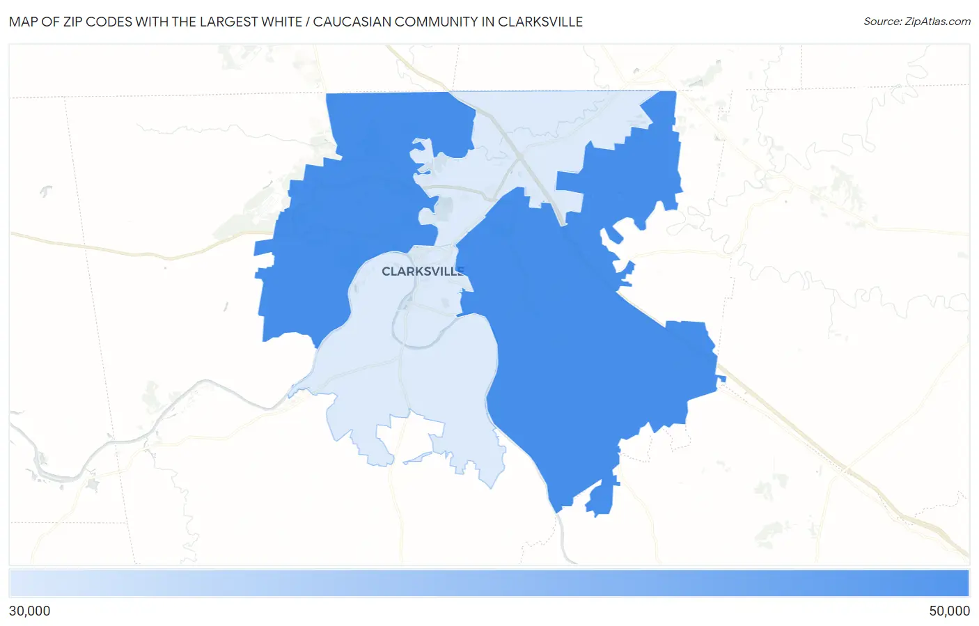Zip Codes with the Largest White / Caucasian Community in Clarksville Map