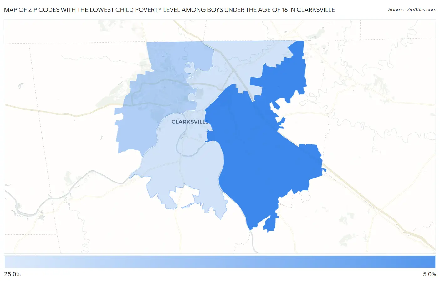 Zip Codes with the Lowest Child Poverty Level Among Boys Under the Age of 16 in Clarksville Map