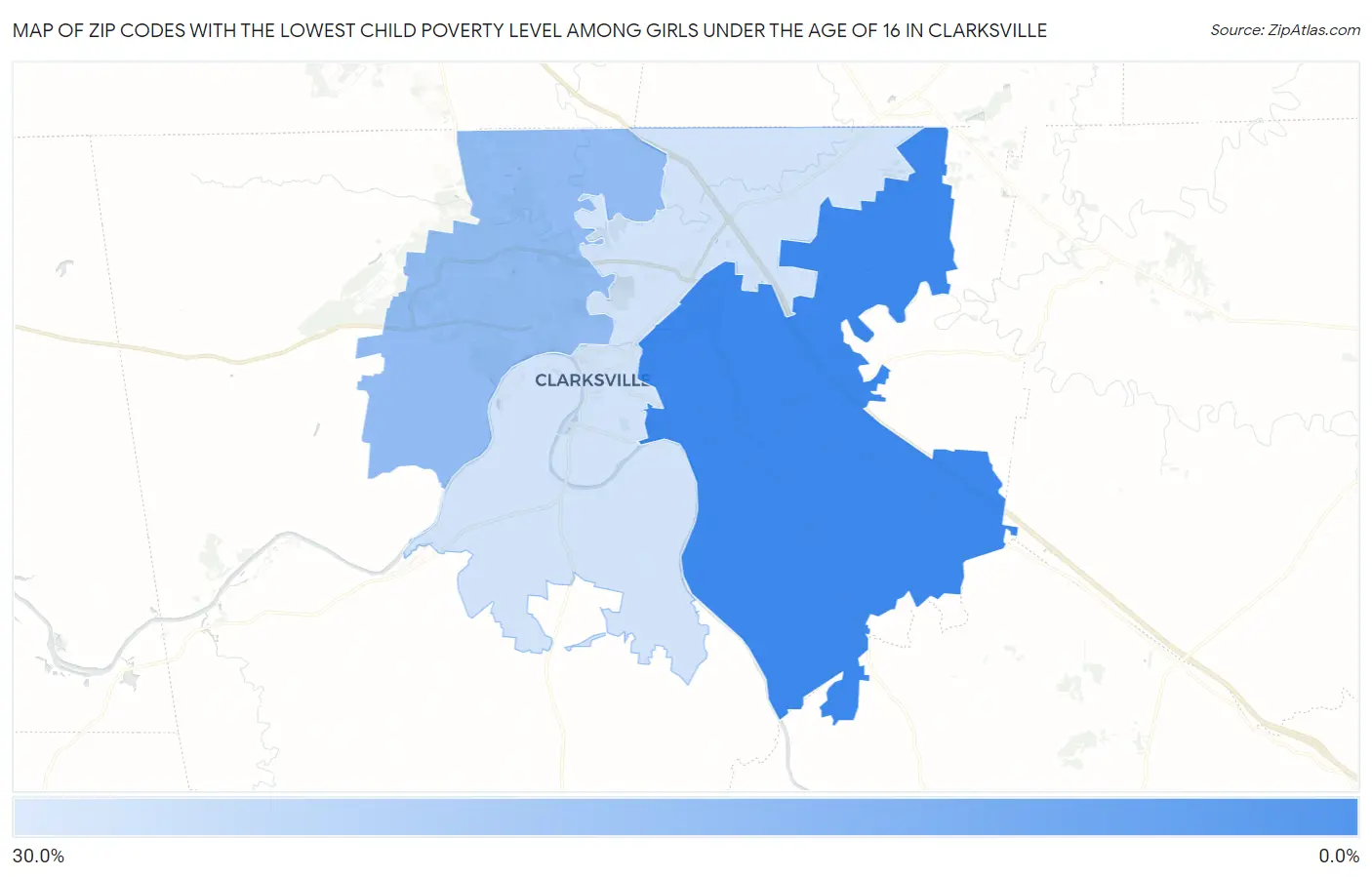 Zip Codes with the Lowest Child Poverty Level Among Girls Under the Age of 16 in Clarksville Map