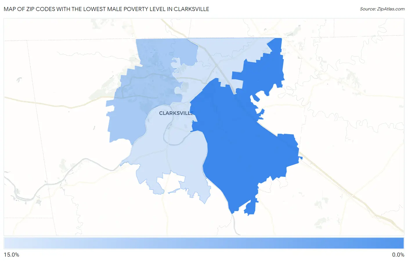 Zip Codes with the Lowest Male Poverty Level in Clarksville Map