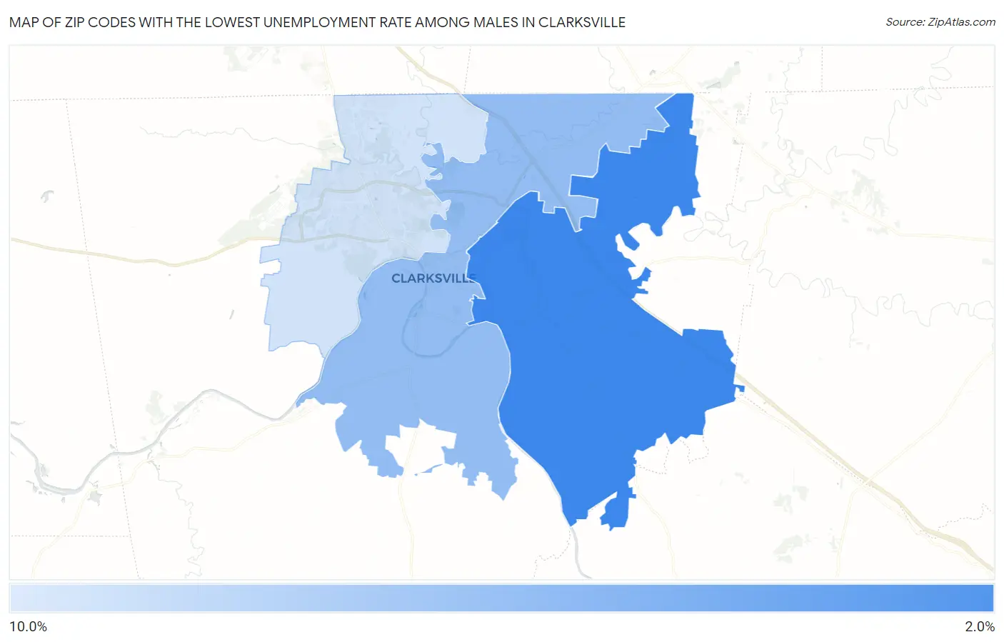 Zip Codes with the Lowest Unemployment Rate Among Males in Clarksville Map