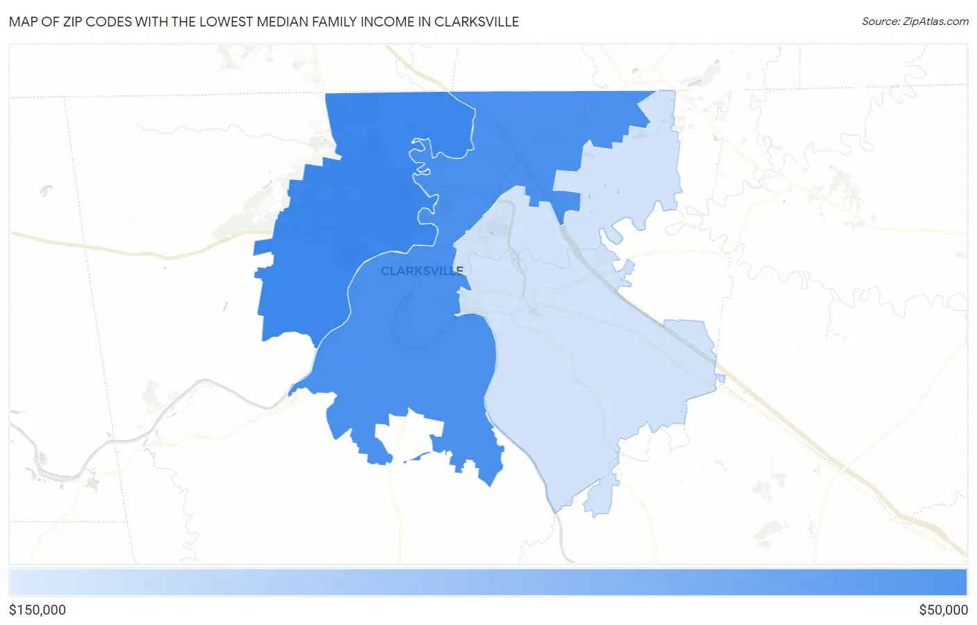 Zip Codes with the Lowest Median Family Income in Clarksville Map