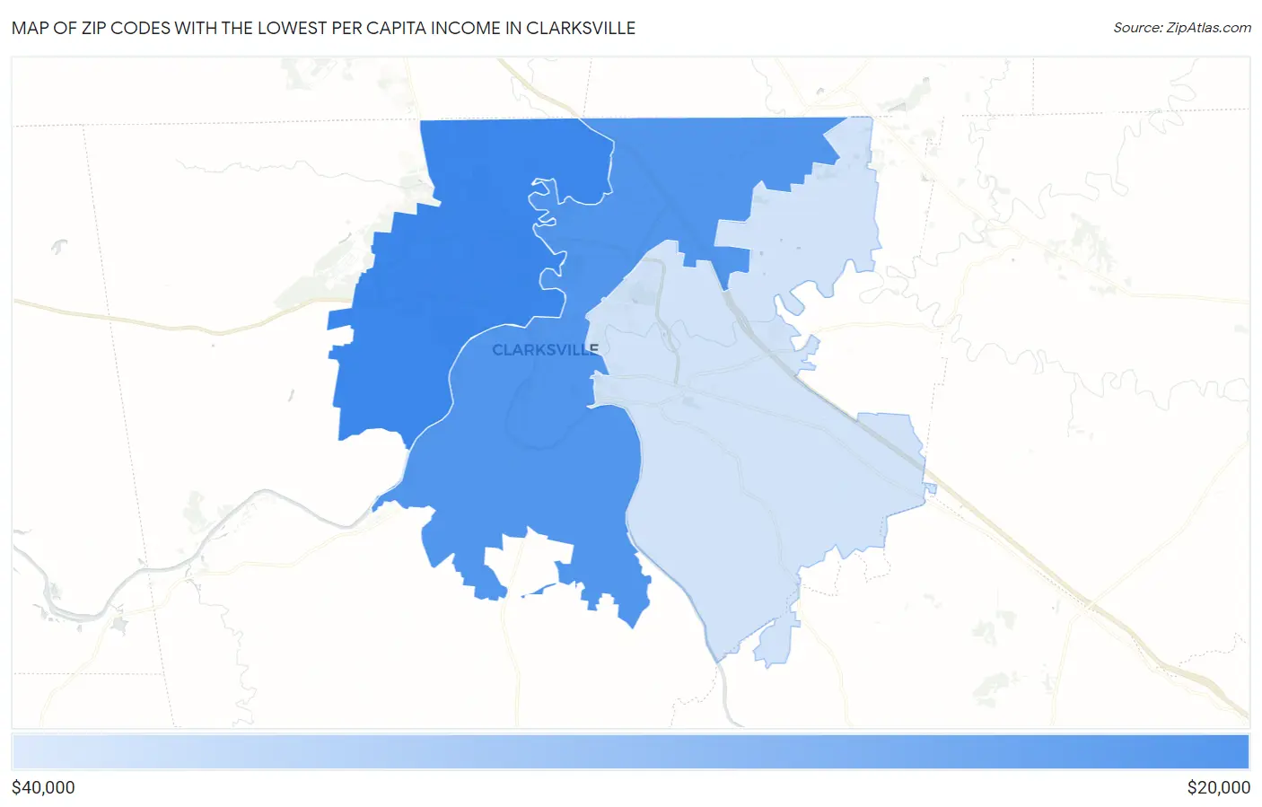 Zip Codes with the Lowest Per Capita Income in Clarksville Map