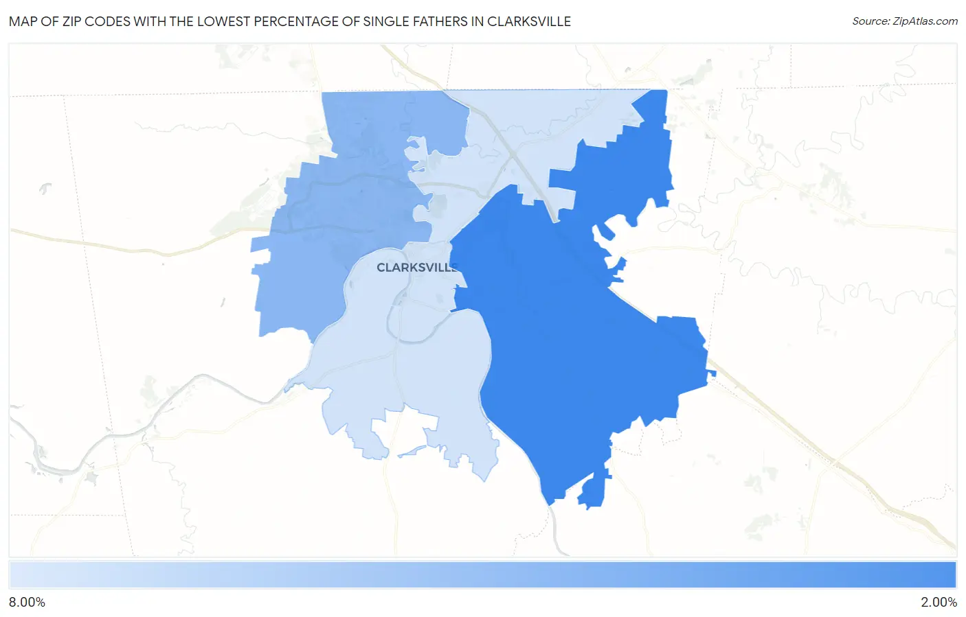 Zip Codes with the Lowest Percentage of Single Fathers in Clarksville Map