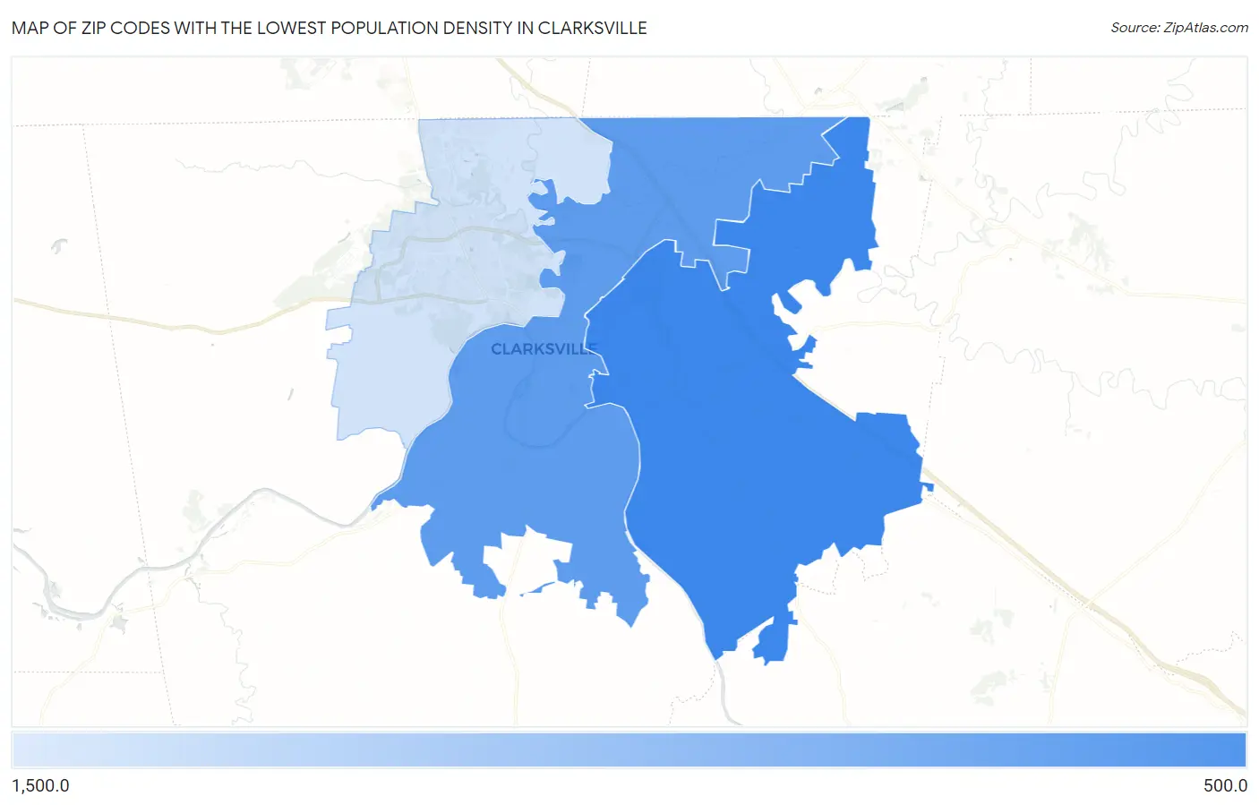 Zip Codes with the Lowest Population Density in Clarksville Map