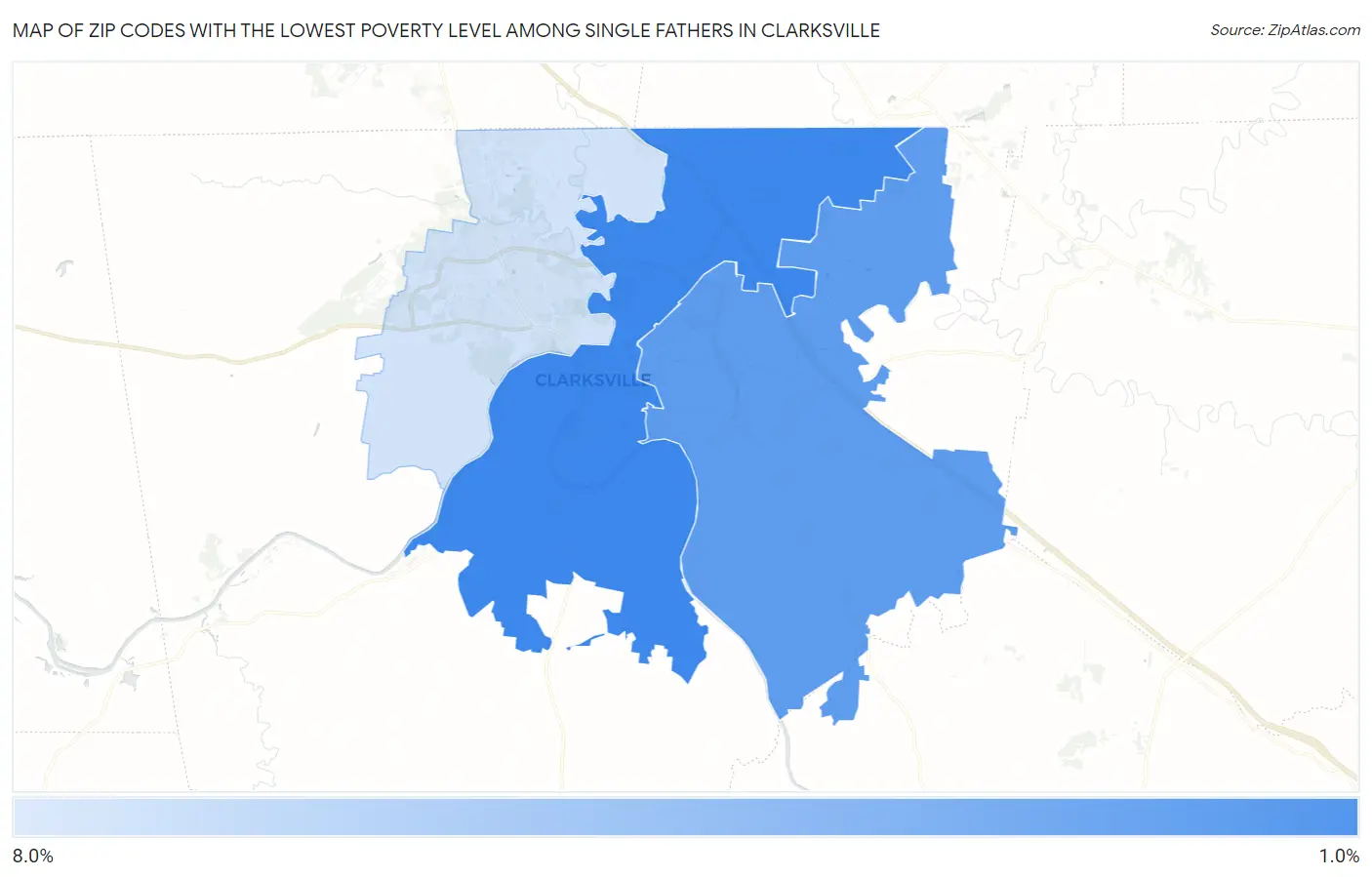 Zip Codes with the Lowest Poverty Level Among Single Fathers in Clarksville Map