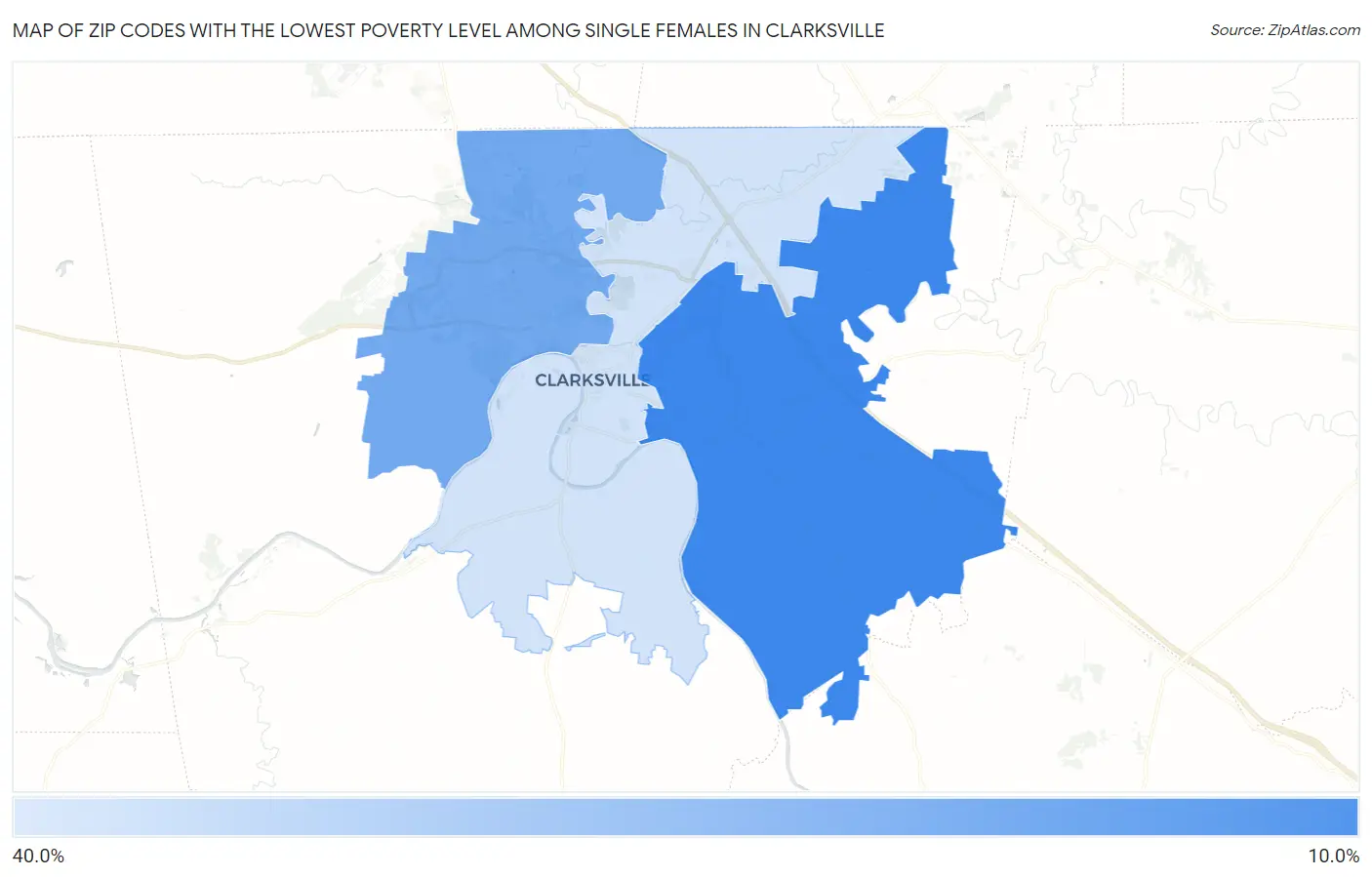Zip Codes with the Lowest Poverty Level Among Single Females in Clarksville Map