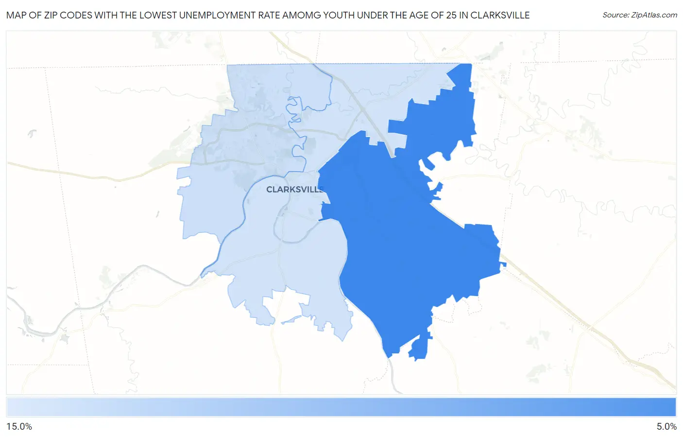 Zip Codes with the Lowest Unemployment Rate Amomg Youth Under the Age of 25 in Clarksville Map