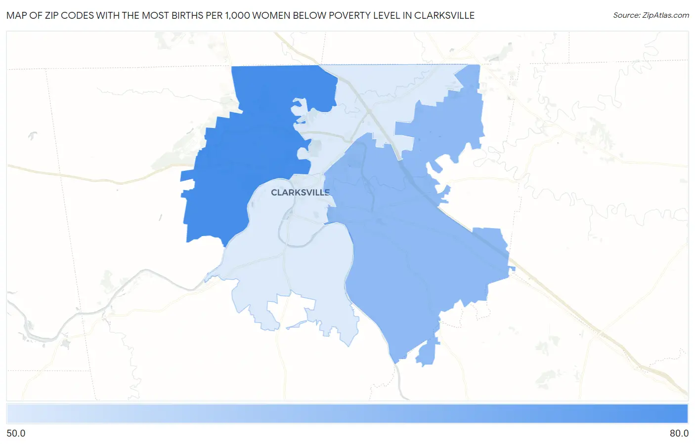 Zip Codes with the Most Births per 1,000 Women Below Poverty Level in Clarksville Map