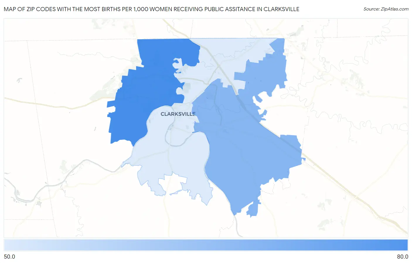 Zip Codes with the Most Births per 1,000 Women Receiving Public Assitance in Clarksville Map