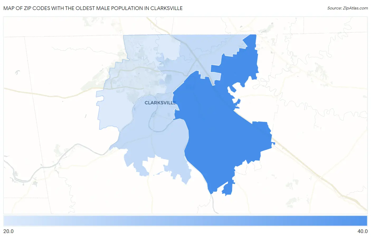 Zip Codes with the Oldest Male Population in Clarksville Map