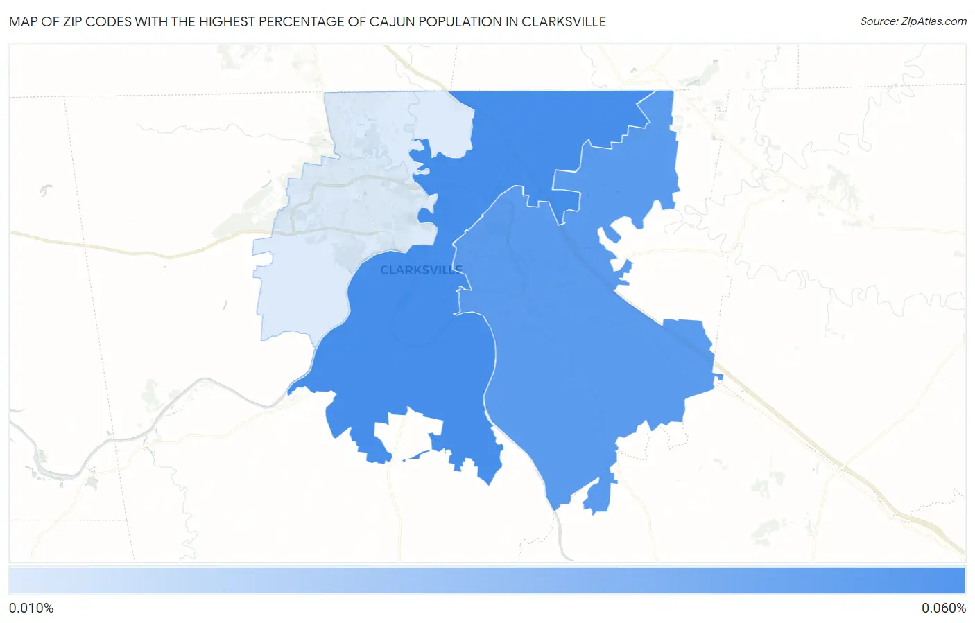 Zip Codes with the Highest Percentage of Cajun Population in Clarksville Map