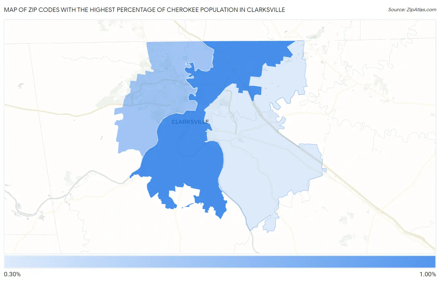 Zip Codes with the Highest Percentage of Cherokee Population in Clarksville Map