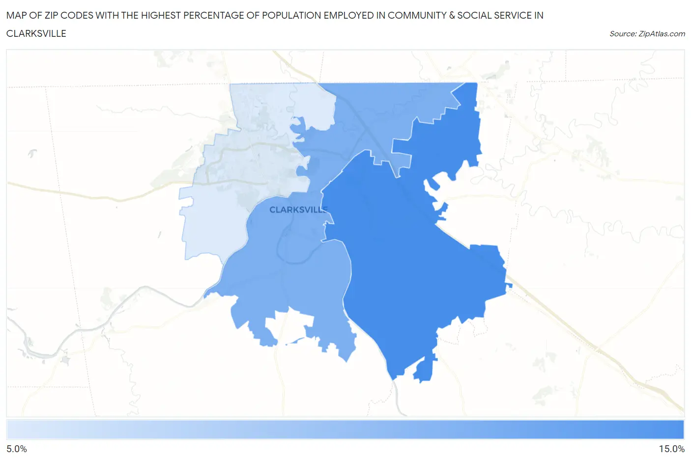 Zip Codes with the Highest Percentage of Population Employed in Community & Social Service  in Clarksville Map