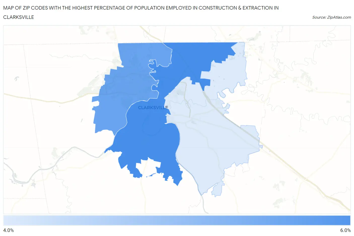Zip Codes with the Highest Percentage of Population Employed in Construction & Extraction in Clarksville Map