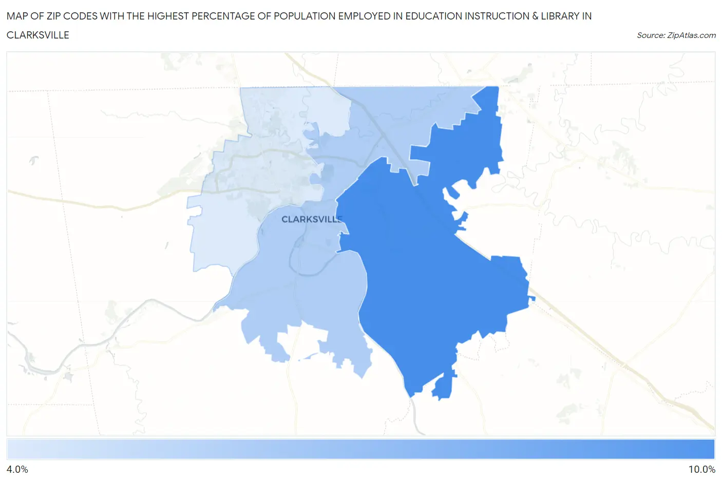 Zip Codes with the Highest Percentage of Population Employed in Education Instruction & Library in Clarksville Map