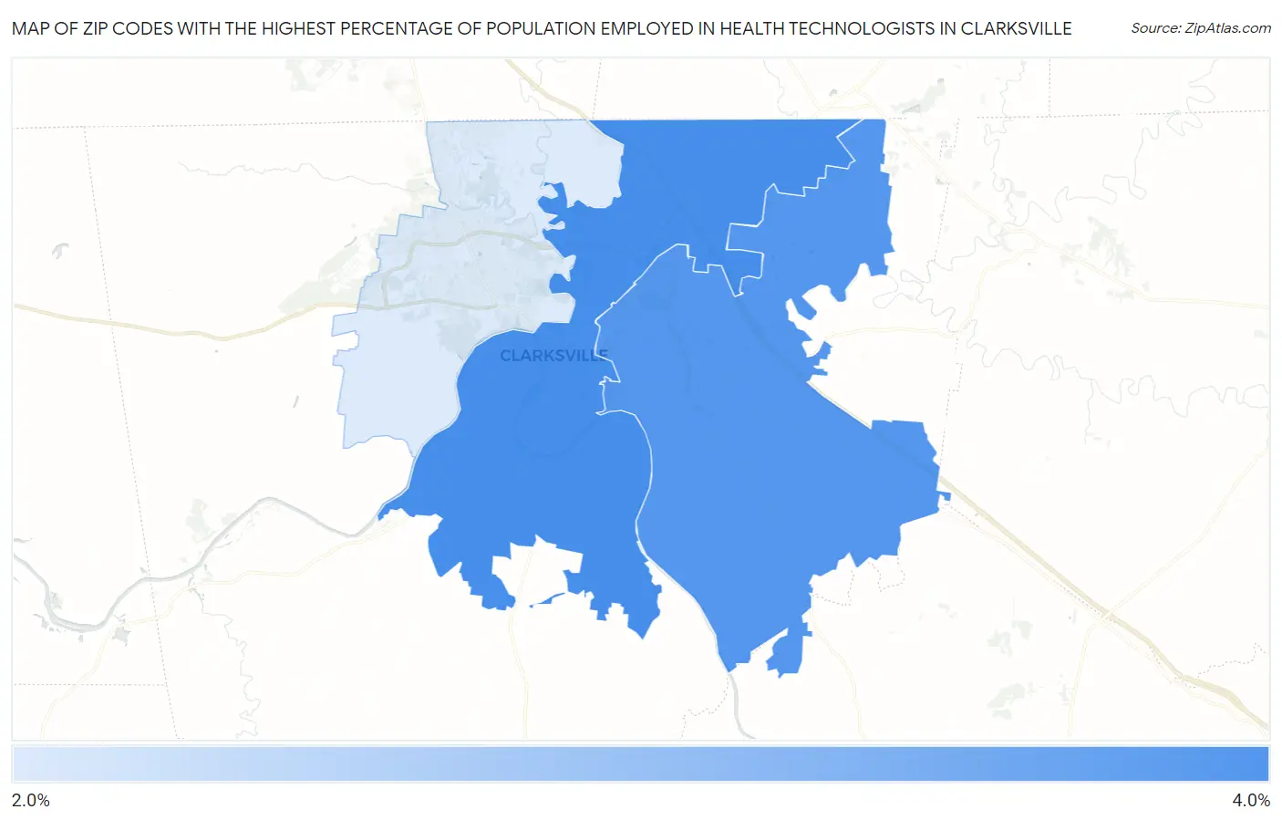Zip Codes with the Highest Percentage of Population Employed in Health Technologists in Clarksville Map