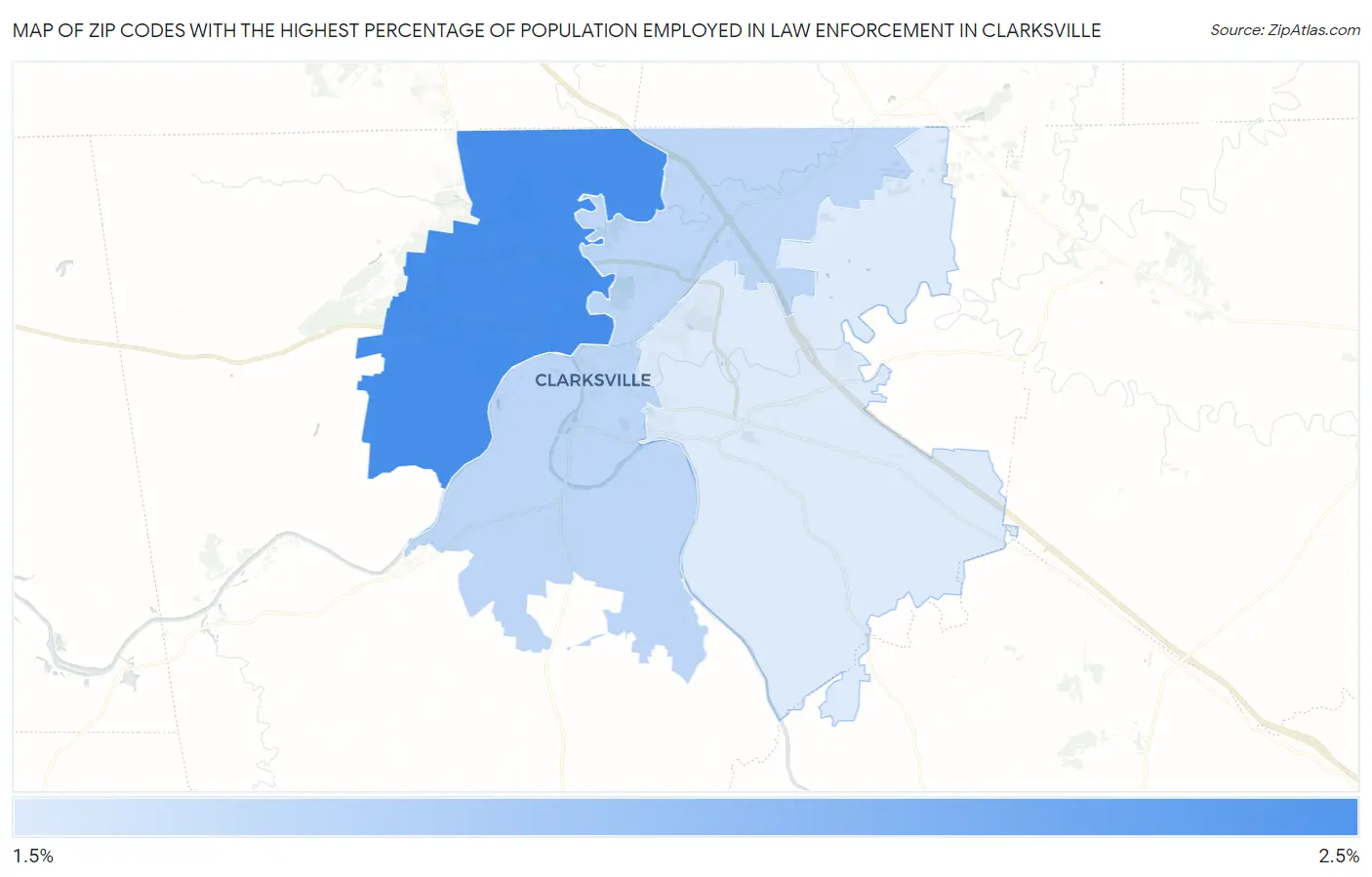Zip Codes with the Highest Percentage of Population Employed in Law Enforcement in Clarksville Map