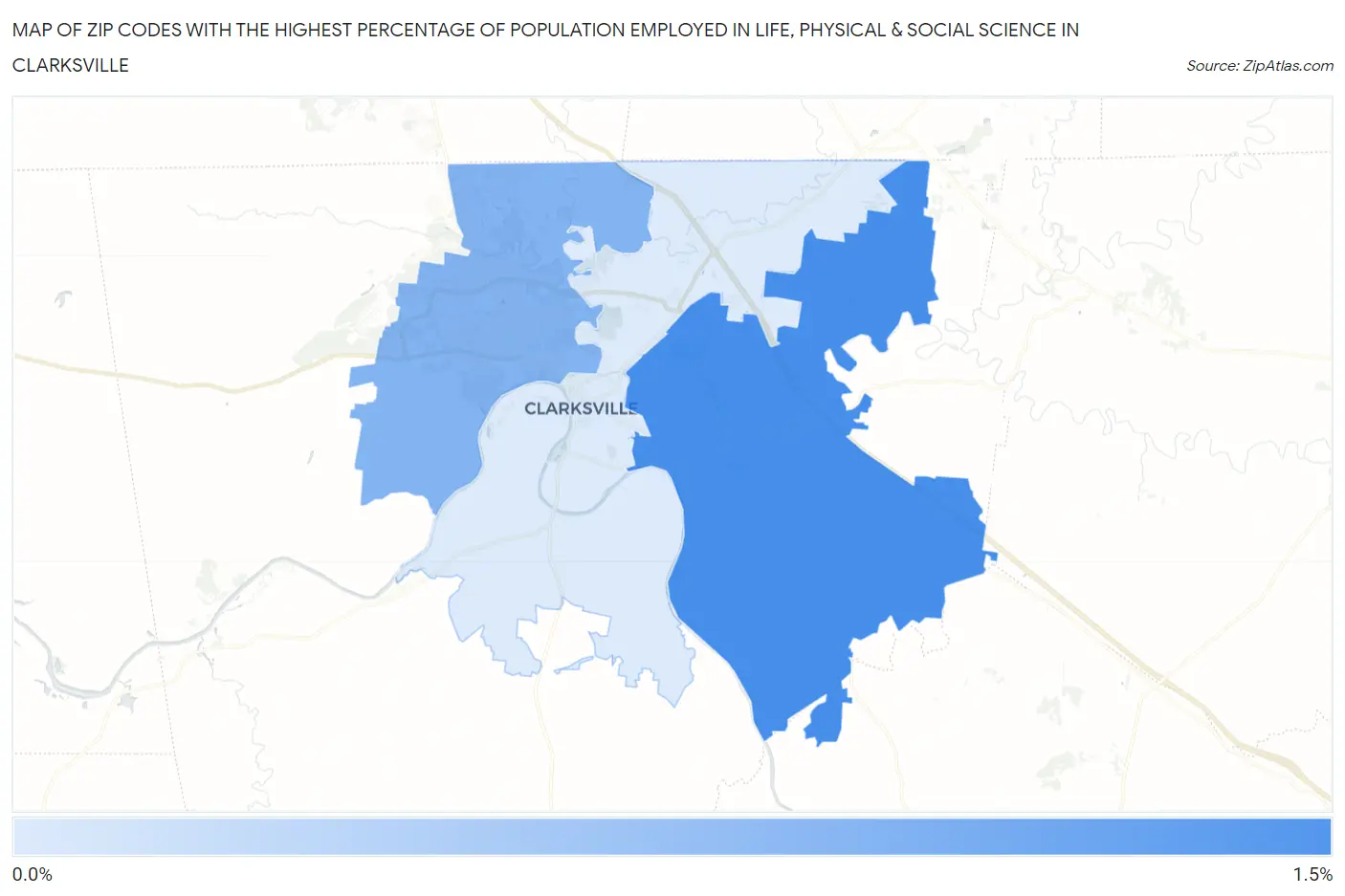 Zip Codes with the Highest Percentage of Population Employed in Life, Physical & Social Science in Clarksville Map