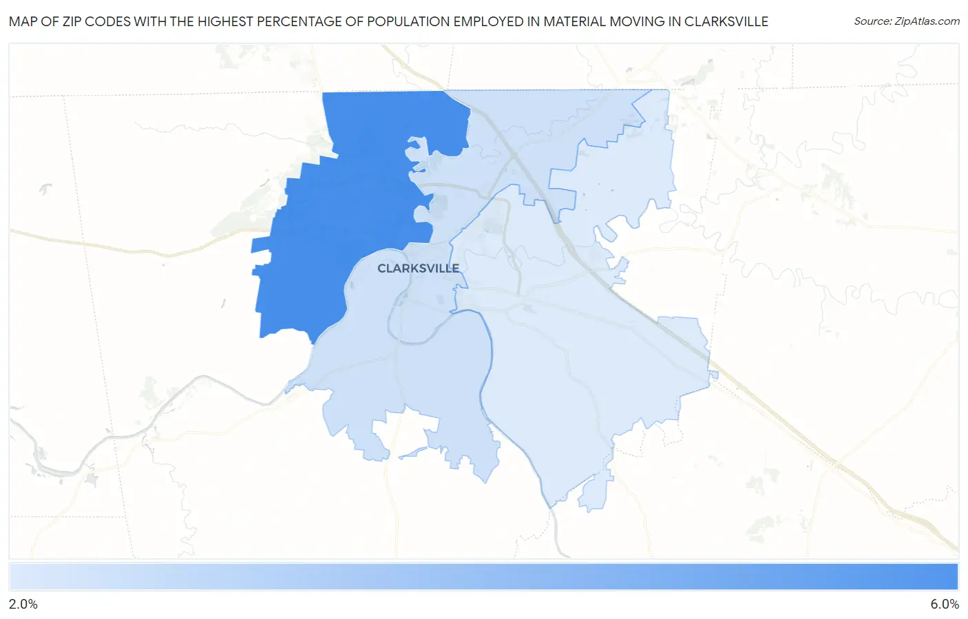 Zip Codes with the Highest Percentage of Population Employed in Material Moving in Clarksville Map