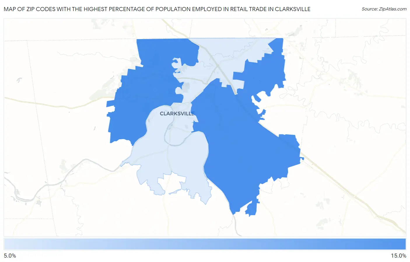 Zip Codes with the Highest Percentage of Population Employed in Retail Trade in Clarksville Map