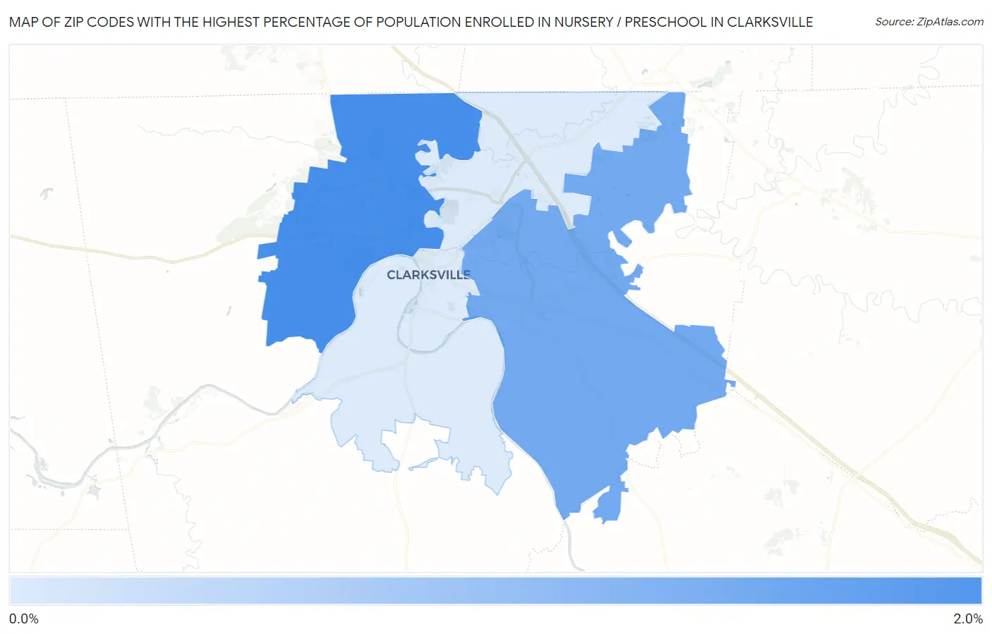 Zip Codes with the Highest Percentage of Population Enrolled in Nursery / Preschool in Clarksville Map