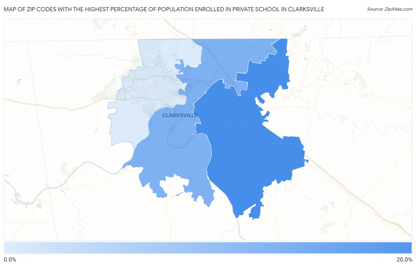 Zip Codes with the Highest Percentage of Population Enrolled in Private School in Clarksville Map