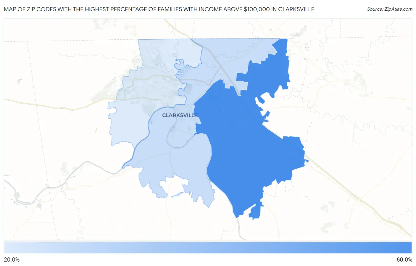 Zip Codes with the Highest Percentage of Families with Income Above $100,000 in Clarksville Map