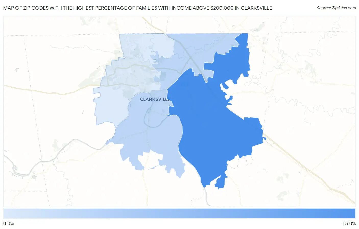 Zip Codes with the Highest Percentage of Families with Income Above $200,000 in Clarksville Map