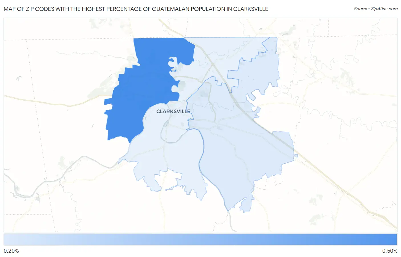 Zip Codes with the Highest Percentage of Guatemalan Population in Clarksville Map