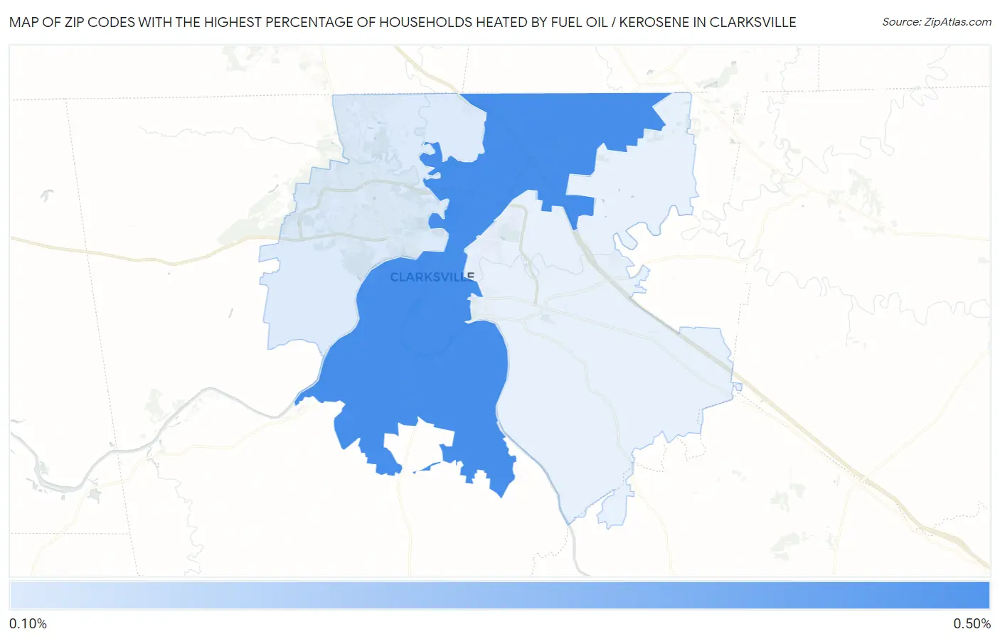 Zip Codes with the Highest Percentage of Households Heated by Fuel Oil / Kerosene in Clarksville Map