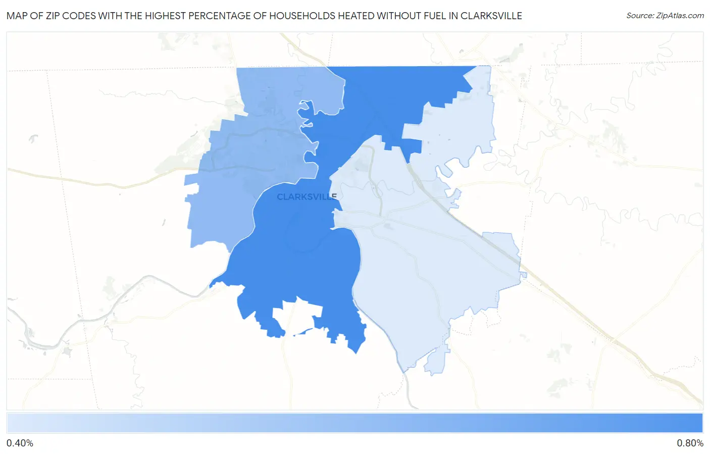 Zip Codes with the Highest Percentage of Households Heated without Fuel in Clarksville Map
