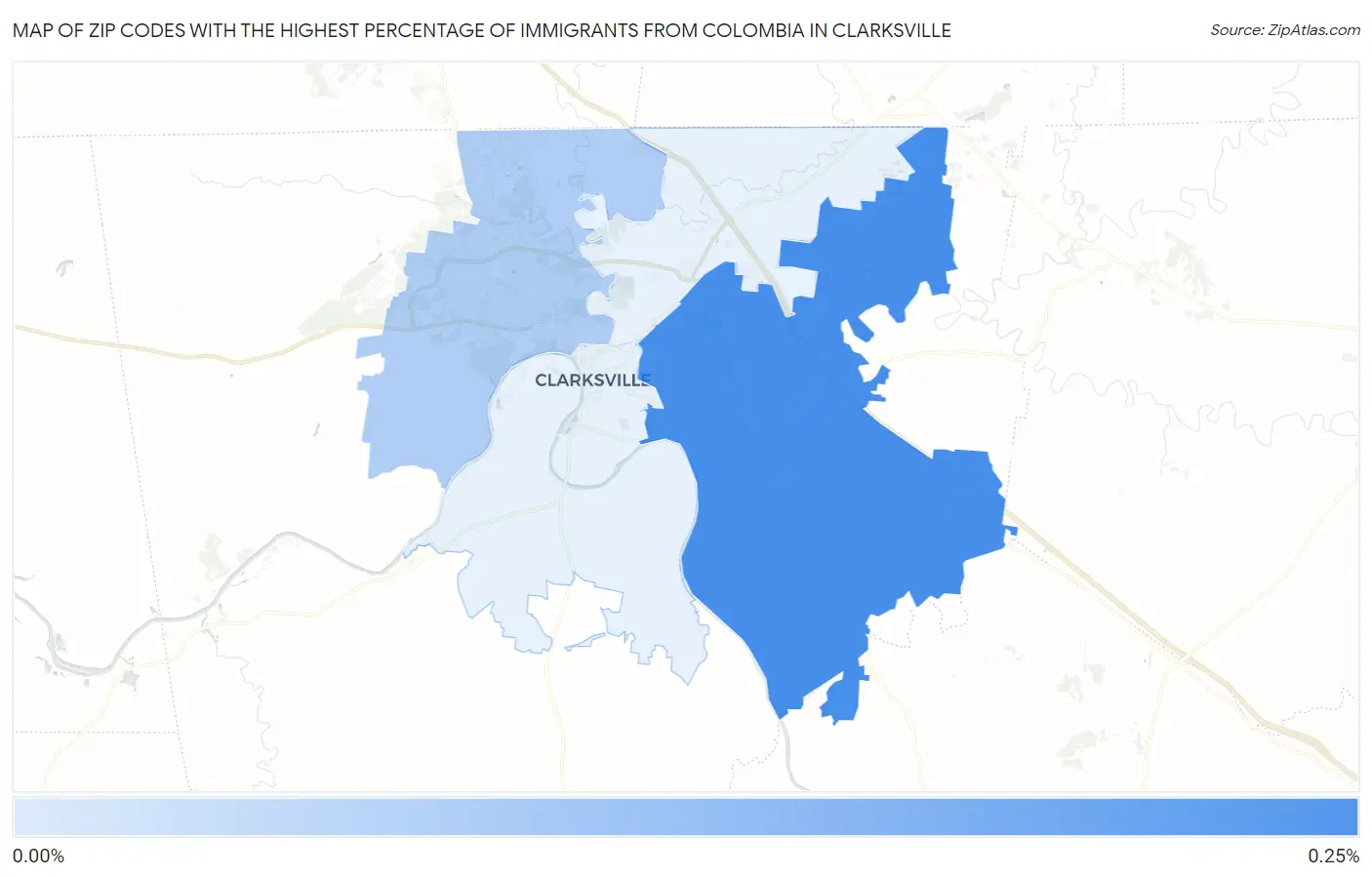 Zip Codes with the Highest Percentage of Immigrants from Colombia in Clarksville Map